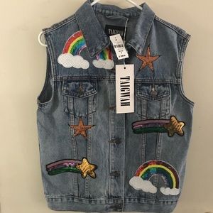 NWT LF Taigwah Denim Glitter Patch Rainbow Vest